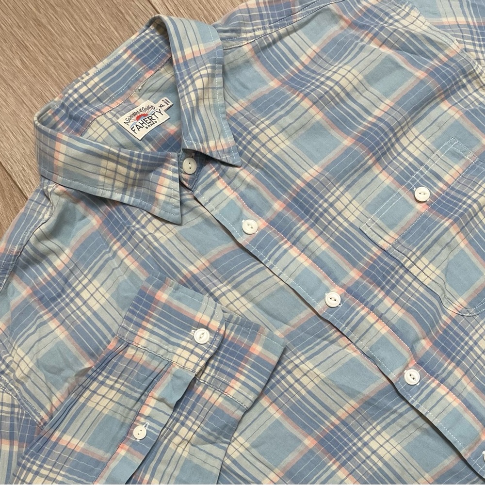 Faherty Men's Long Sleeve Blue Plaid Button Down Shirt XL Cotton Casual